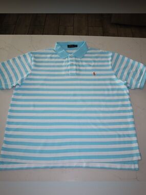 Ralph Lauren Men’s Aqua and White Striped Polo Shirt Y2K